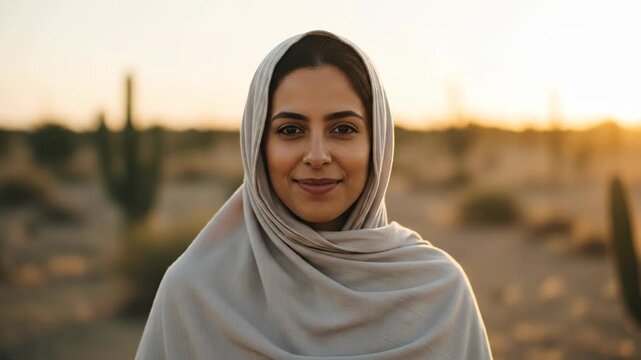 Beautiful Woman in Headscarf Posing in Desert Landscape at Sunset.