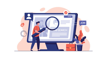 Young man holding a large magnifying glass searching for a job on a computer screen representing recruitment and career growth.