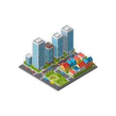 Isometric city view with modern buildings and residential houses.