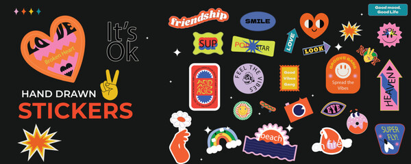 Rock roll sticker collection with drawn illustrations. Funky hipster and rave stickers, 90s style rock and roll doodles. playful punk badges for music festival. © SahedAhsan