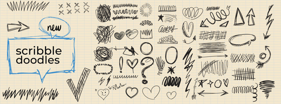 Scribble doodle underlines, ovals and hand drawn scrapbook elements. Hand drawn arrows and cross hatch texture. 

