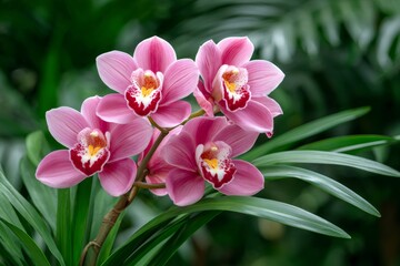 Obraz premium Pink cymbidium orchids blooming with green leaves