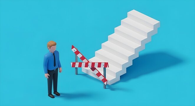 Career Path Obstacle: Male 3D figure standing before white stairs blocked by red warning barrier, progress restriction, professional challenge, business and limitation concept