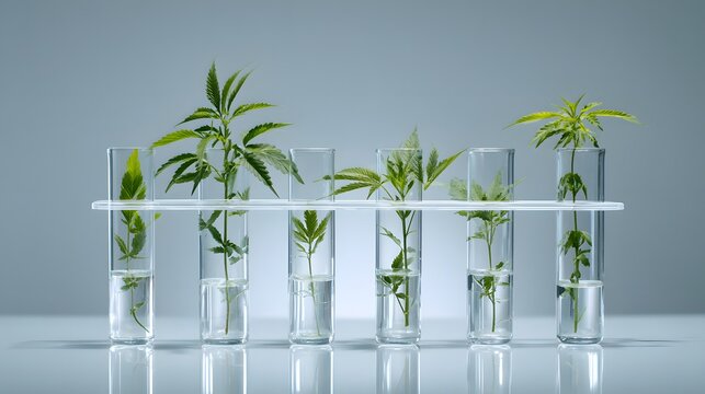 Young Cannabis Plants in Glass Jars for Medical Laboratory Research