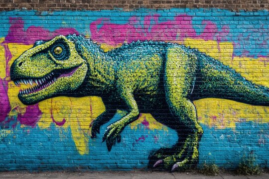 Abelisaurid Dinosaur Graffiti Street Art Mural Vibrant Spray Paint