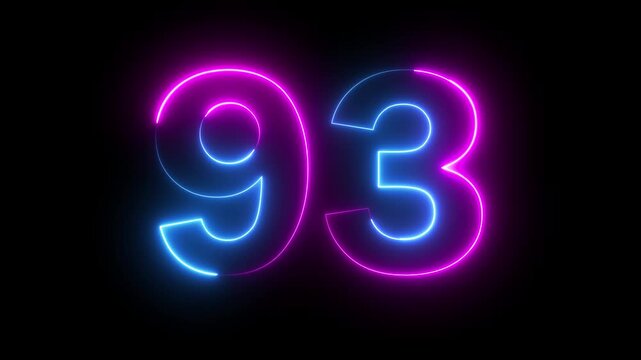 Neon pink blue color Number 93 text icon animation education mathematic digit count finance countdown icon sign symbol on black background