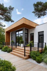 Fototapeta premium Modern house architecture featuring wooden patio and lush garden