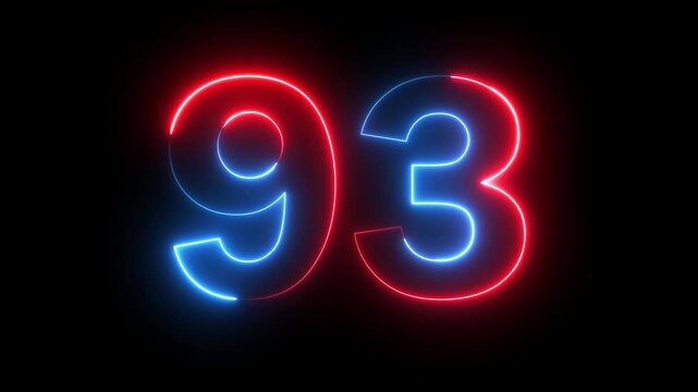 Neon red blue color Number 93 text icon animation education mathematic digit count finance countdown icon sign symbol on black background