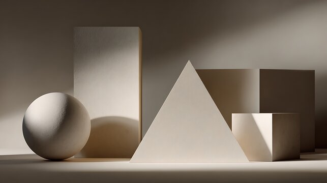 Still life of geometric shapes sphere, pyramid, cube, and cuboid in neutral lighting