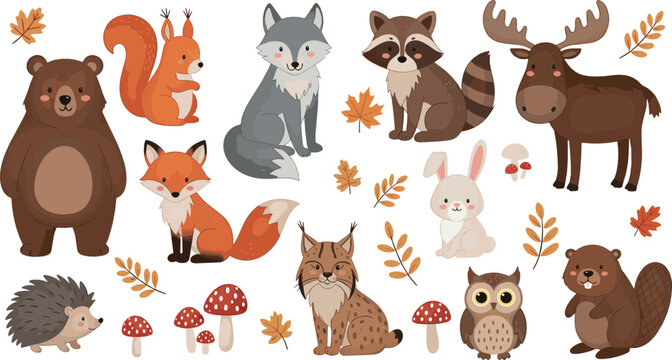 Cute autumn forest animals cartoon set with bear fox wolf raccoon owl and fall leaves cozy vector illustration for kids nursery and seasonal designs