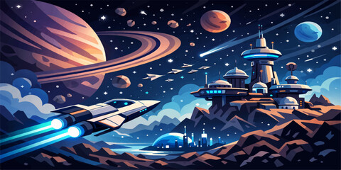 Space shuttle launch with spaceship near planet in starry sky © NUR 0.2