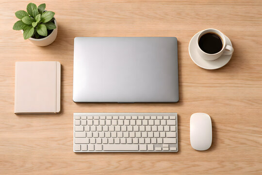 Minimalist Wooden Desk Workspace Flat Lay with Laptop, Coffee, and Plant