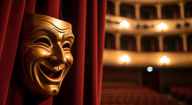 Classical Theater Performance: Golden comedy mask on red stage curtain in opera house, drama and entertainment, performing arts, culture and tragedy concept