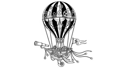 Detailed illustration of a vintage hot air balloon soaring through the sky with intricate design. © Kangmas