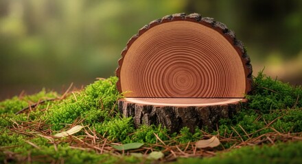 Cedar Log Cross-Section as Product Stand with Forest Moss