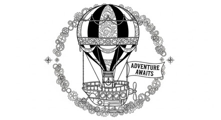 Vintage hot air balloon illustration with adventure banner and floral wreath design. © Kangmas