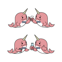 Two cartoon unicorn narwhals toasting with drinks © MD