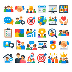 Fototapeta premium Collection of diverse business and communication icons in a grid layout on a clean background