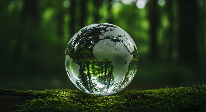 Glass sphere reflecting green forest landscape in a serene outdoor setting
