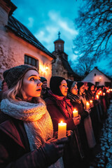 Fototapeta premium Group of women holding candles during evening ceremony outside temple building