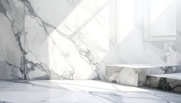 Elegant white marble room, sunlight streams across the walls and floor, creating shadows
