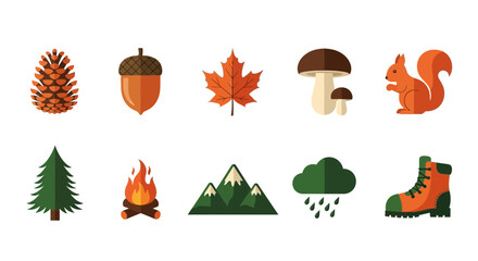 Flat illustration icons representing pinecone acorn maple leaf mushrooms squirrel tree fire mountains rain cloud and boot © Agung