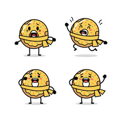 Obraz premium Cartoon corn characters with masks dancing and expressing emotions on white background