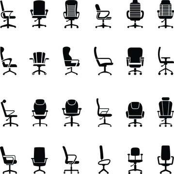 Black silhouette vector illustration of diverse office chair designs, ergonomic seating furniture icons, workplace interior template, modern office equipment reference set