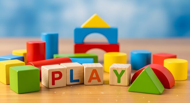 Colorful wooden blocks and shapes with the word PLAY on a wooden table against a blue background, viewed from the front, ep2 (221).jpg