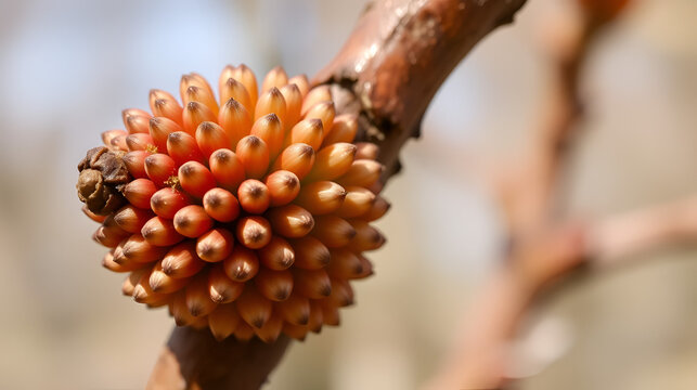 Ovulate cone of larch tree in spring close up