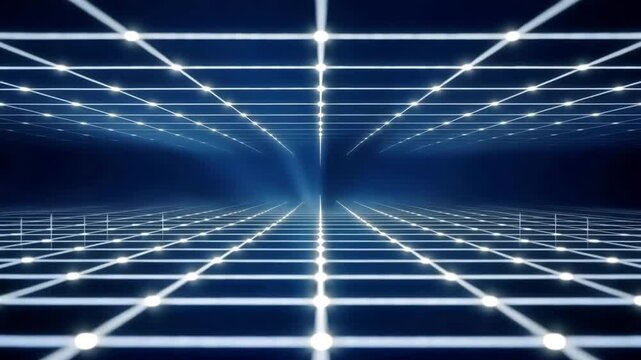 Infinite digital grid with glowing nodes expands into a dark perspective for a high tech abstract data visualization.