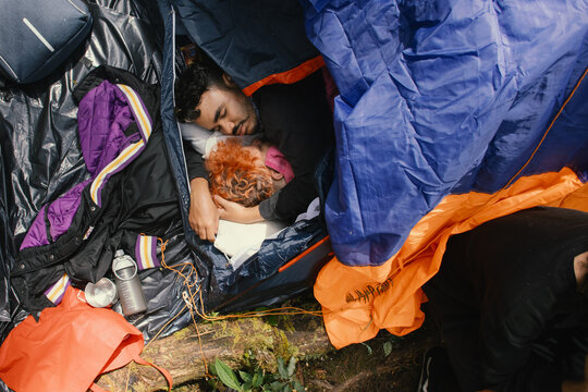 Cozy camping experience in the woods during a peaceful morning