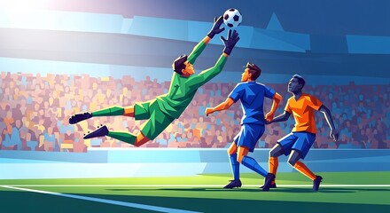 Fototapeta premium Soccer goalkeeper diving to save ball during game with players