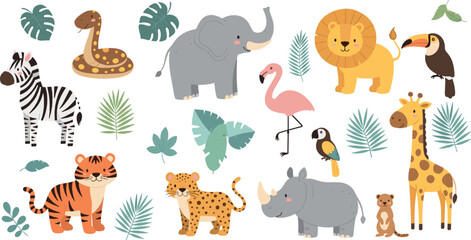 Cute safari animals cartoon set with lion elephant giraffe zebra tiger and tropical leaves playful vector illustration for kids nursery and wildlife designs © Ismail