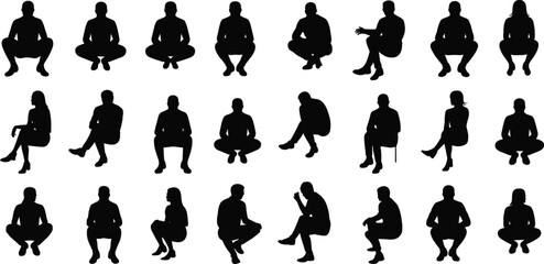 Black silhouette vector illustration of diverse human figures seated and squatting, body language poses, ergonomic study template, animation reference design, character posture concept © KailashChandra