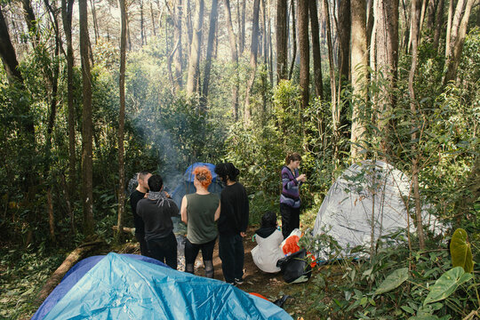 Group of campers enjoying a day in the forest during their adventure