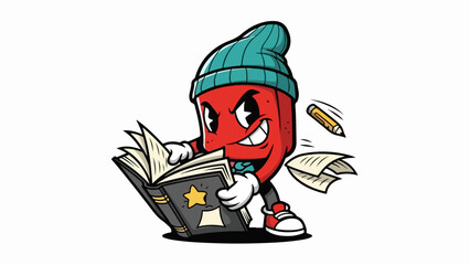 Cartoon character reading a book with a beanie and sneakers.