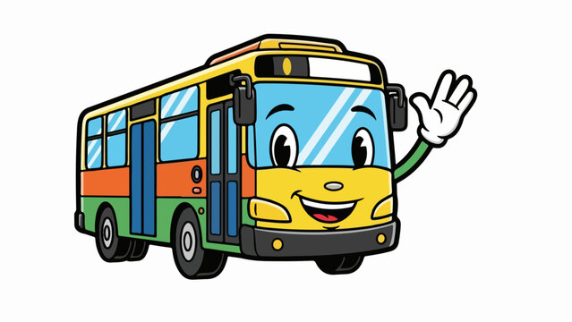 Friendly cartoon bus character waving its hand with a smile.