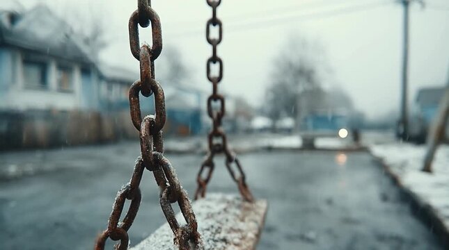 Old Rusty Swing Set Covered in Snow on a Cloudy Winter Day in a Suburban Neighborhood