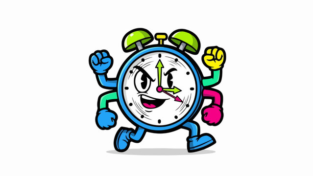 Cartoon clock character running with angry face and arms.
