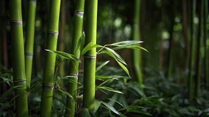 Naklejka premium A dense thicket of vibrant green bamboo stalks in a serene forest setting