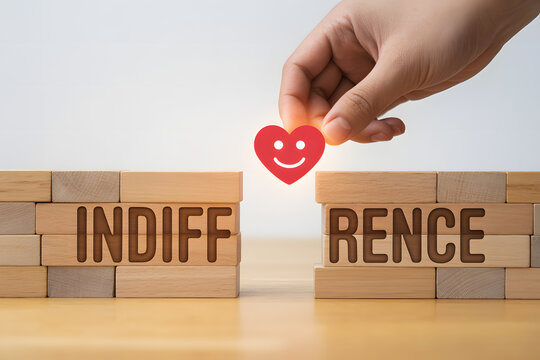 Red heart with smiling face bridging wooden blocks spelling indifference symbolizing overcoming apathy with love, emotion, and compassion