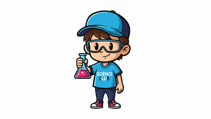 Cartoon Scientist Boy Holding Beaker with Pink Liquid Wearing Safety Goggles.