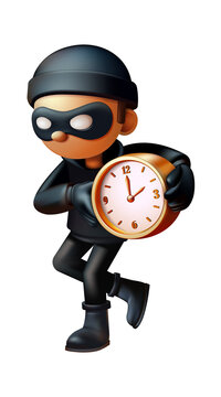 Playful cartoon thief sneaking away with stolen clock, mischievous burglar character 3D render, isolated on transparent background, png