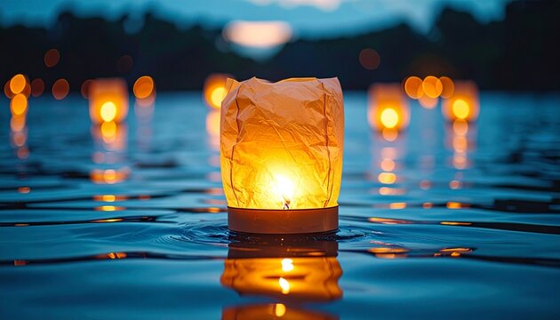 Traditional illuminated lantern floating on dark water for Laanta Lanta Festival floats in koh lanta Krabi Thailand