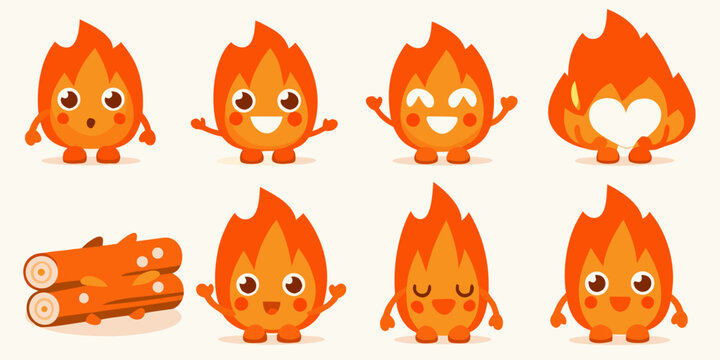 Adorable cartoon flames with happy expressions and a burning log