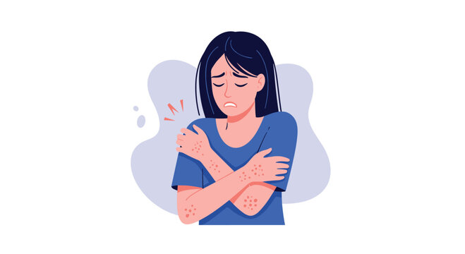 Sad young woman scratching her shoulder with red skin rash representing allergy symptoms dermatological problems and itching.