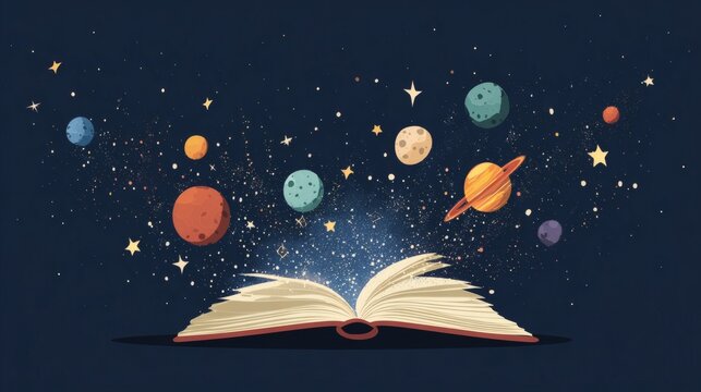 Open Book with Magical Space Theme and Colorful Planets Floating