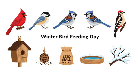 Illustration for Winter Bird Feeding Day featuring birds a feeder seed and water dish © Agung