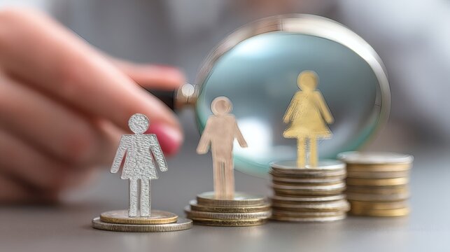 Gender Pay Gap Concept with Coins and Magnifying Glass Focus